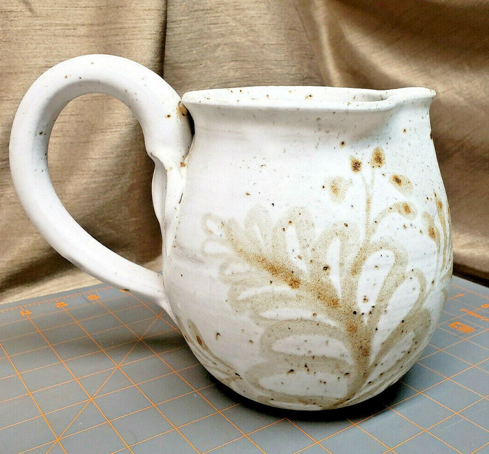 Flower Pottery Stoneware Pitcher unmarked wave big handle