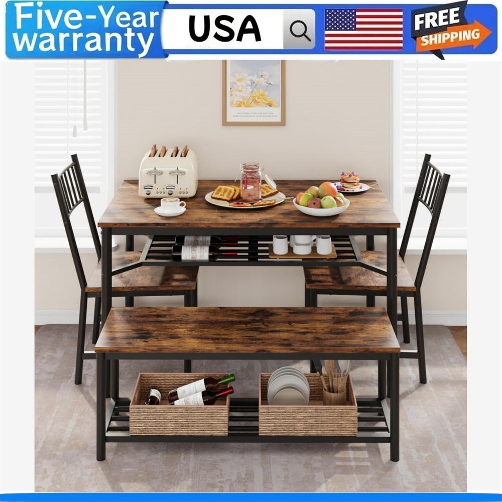 ✔️Dining Table Set Kitchen Table and 2 Chairs with Storage Bench with Wine Rack