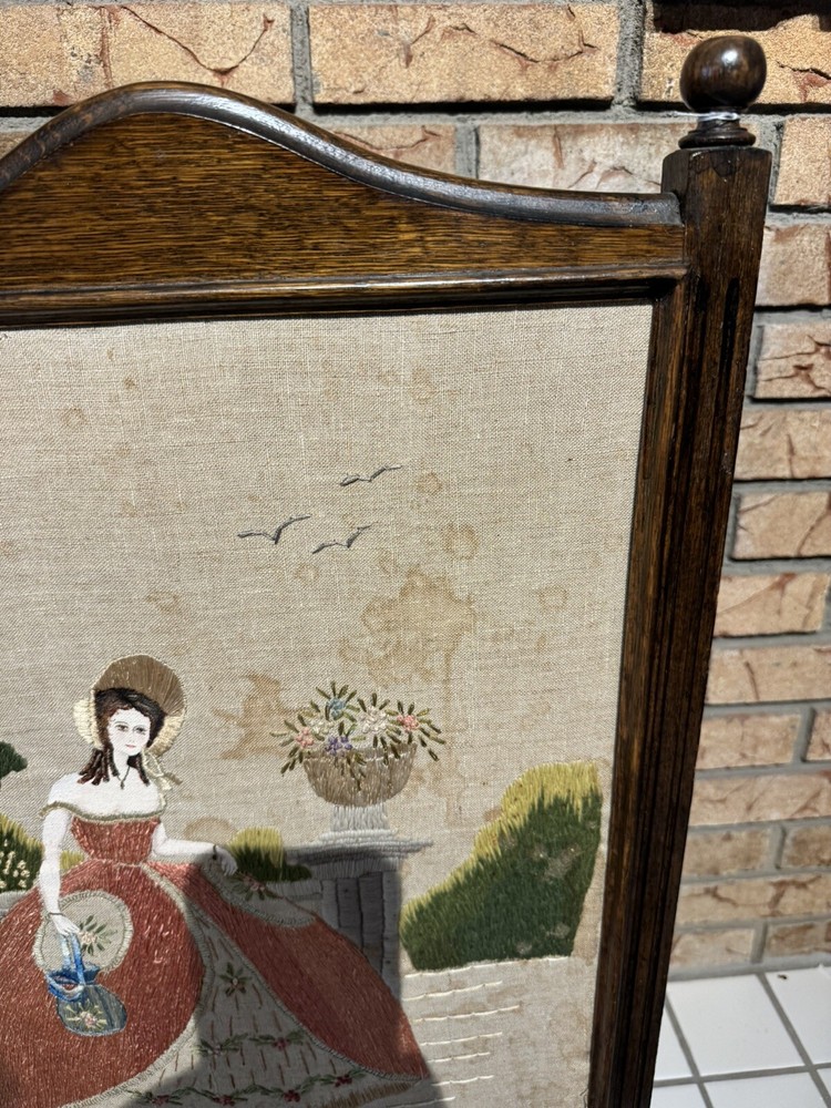 Needlepoint Fireplace Wood Frame Screen, Victorian Theme.