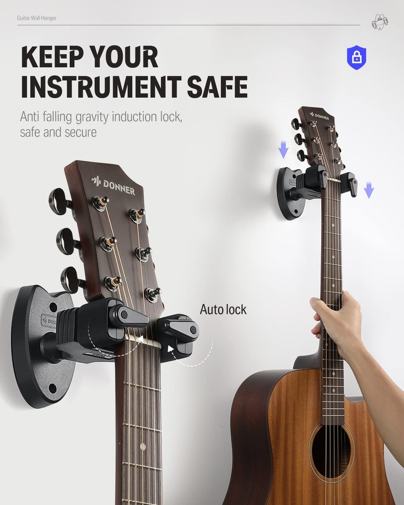 Donner Guitar Wall Mount 2 Pack Automatic Lock Space Saving Guitar Hanger
