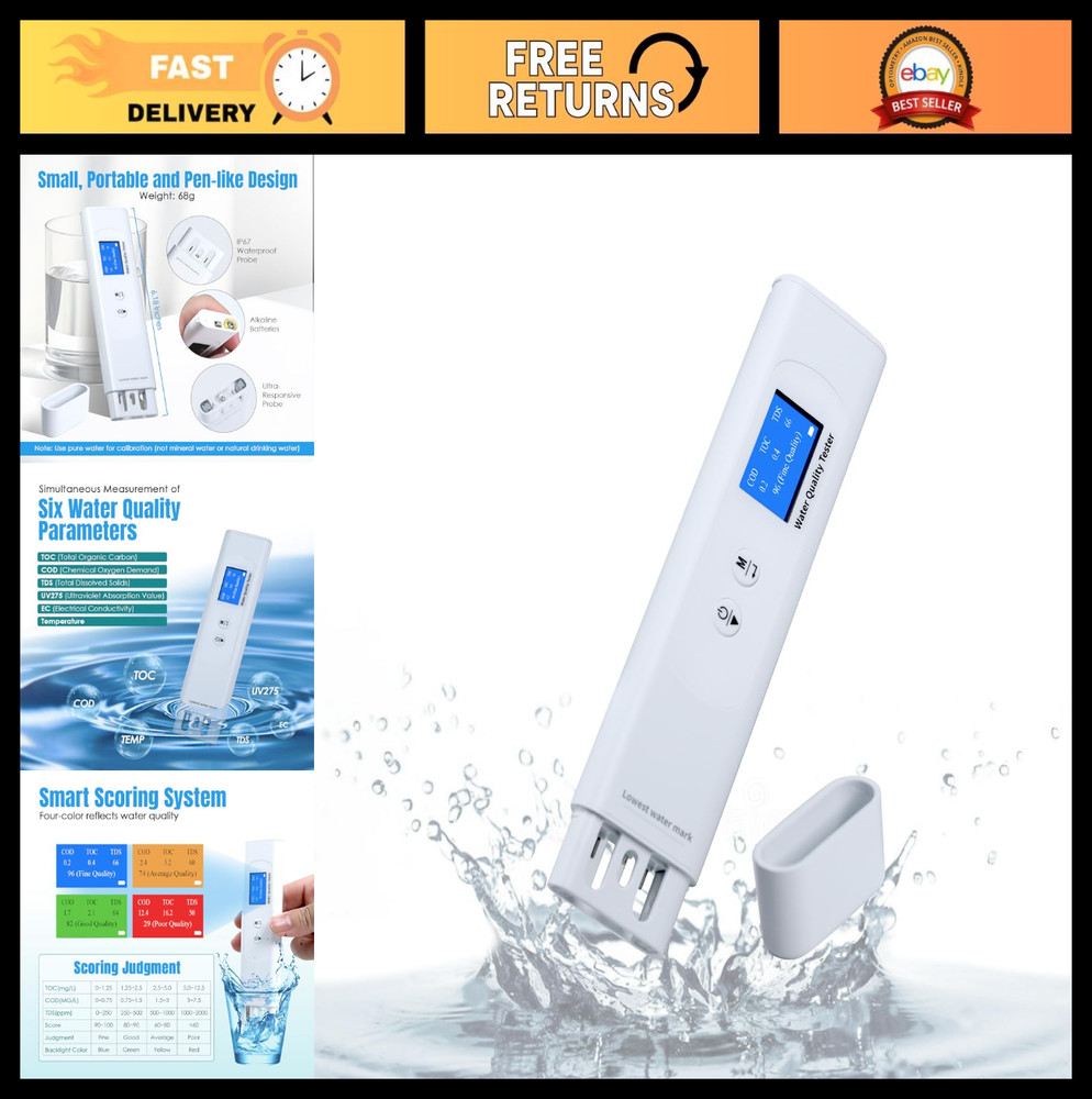 6-in-1 Digital Water Quality Tester, TDS, EC, Temp, COD/TOC, for Drinking & Well