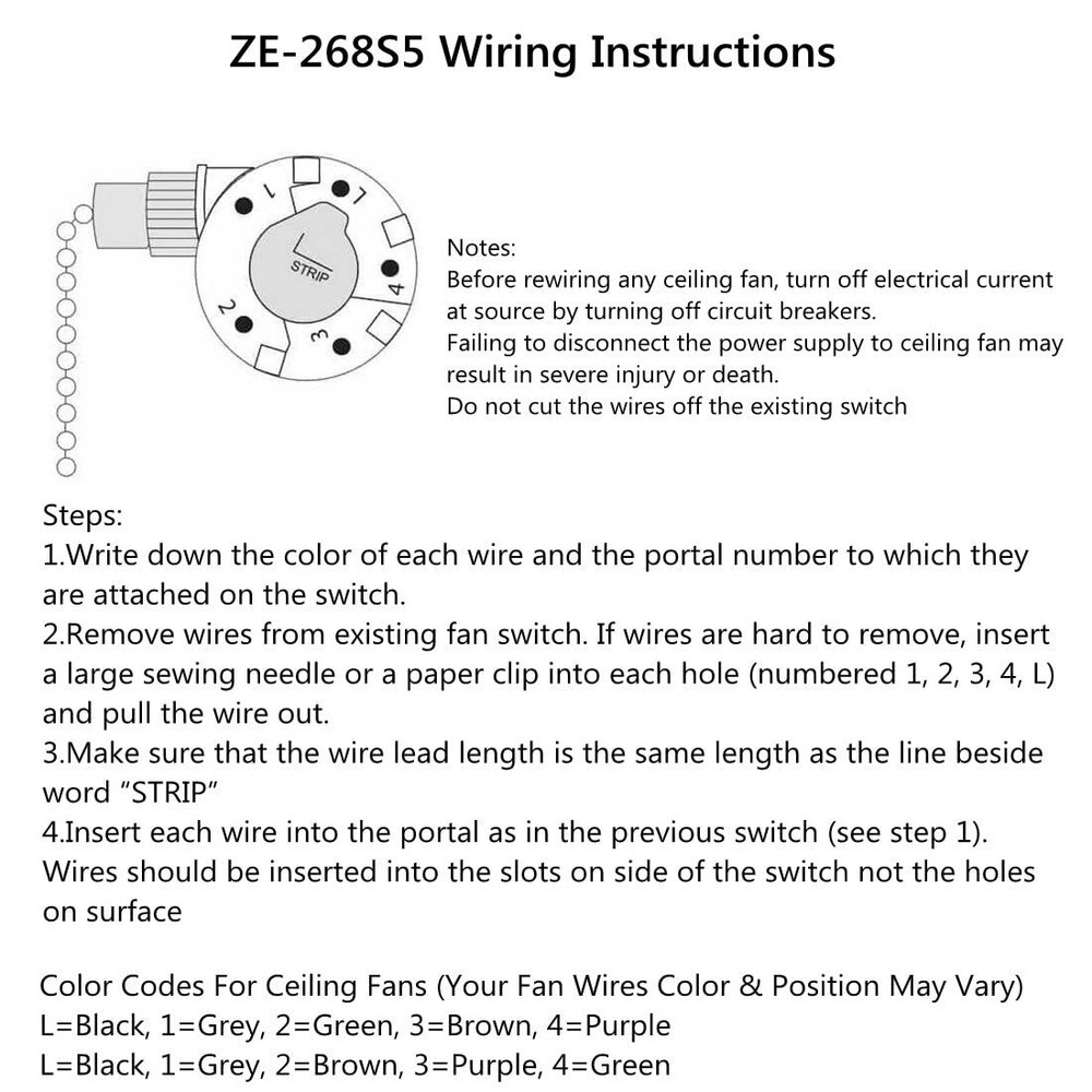 Ceiling Fan Switch Zing Ear ZE-268S5 4 Speed 5 Wire Pull Chain Ceiling Fan Sw...