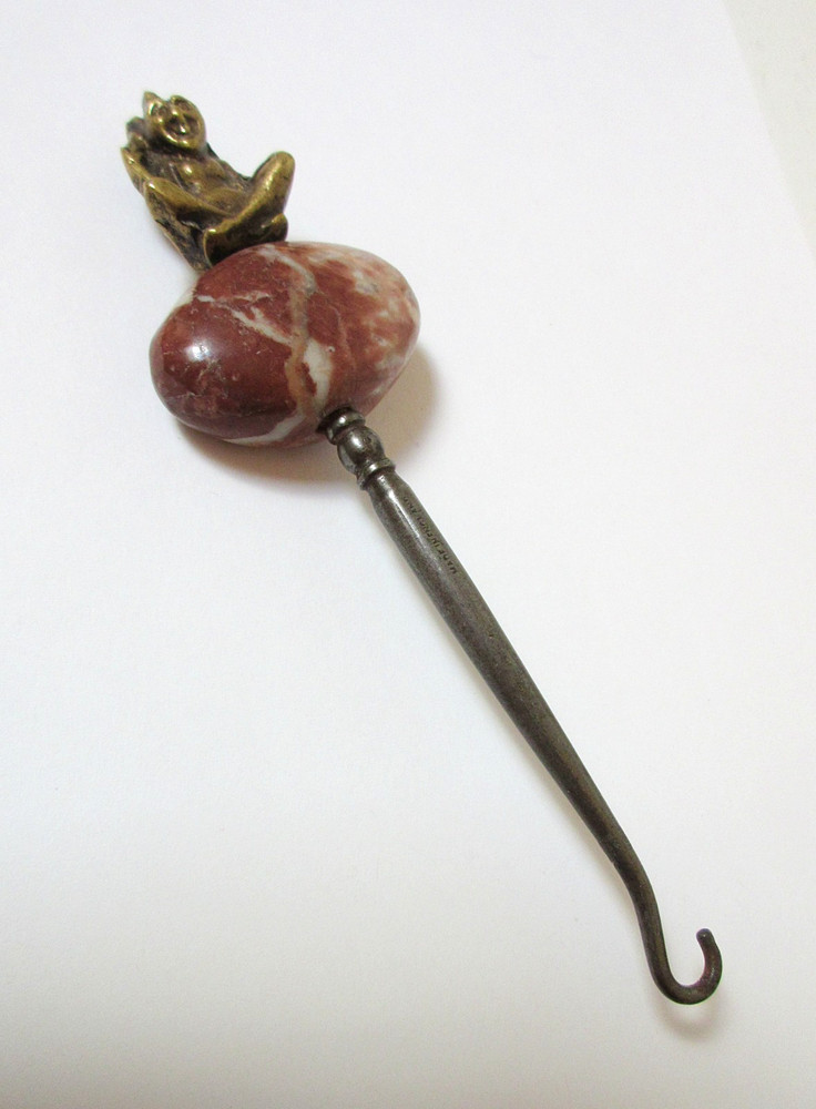 Antique Brass Button Hook Agate Seated Pixie