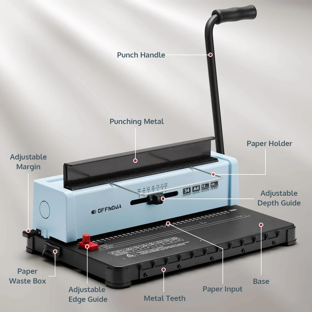 Wire Binding Machine, Punch 12 Sheets, 34 - Square Punch Holes, Bind 120 Shee...