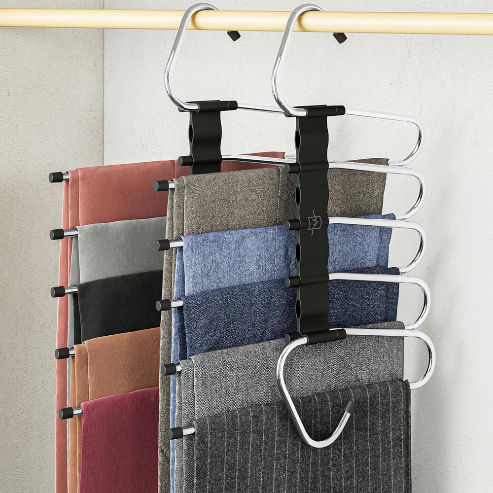 Pants Hangers Space Saving - 2 Pack - Non-Slip Multi-Layer Space Saving Hange...