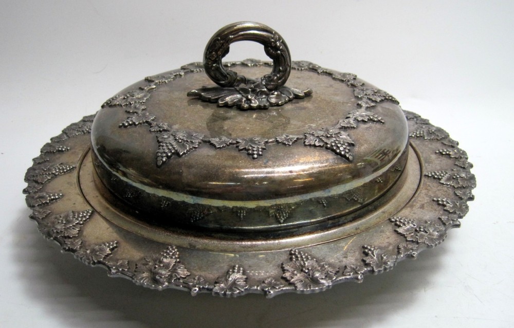 Antique Sheffield Silverplate Grape‐Leaf Covered Dish Lidded 12.5"