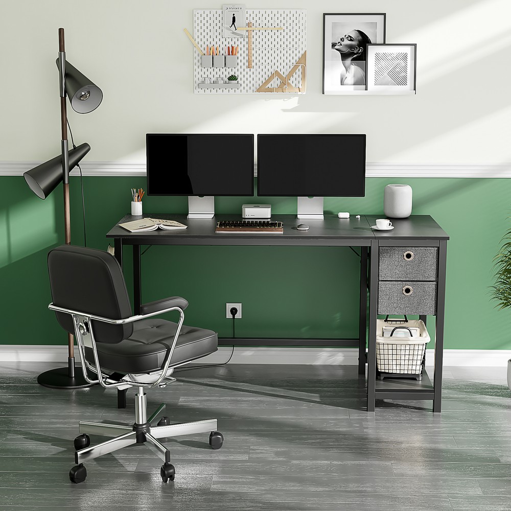 Office Computer Desk with 2-Tier Drawer Storage, Side Headphone Hook, Two Size