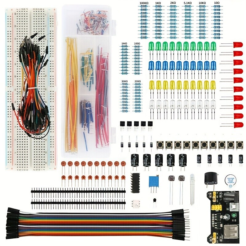 ‌Complete Breadboard Kit: 830 Resistors, Cables, LEDs for DIY Electronics‌