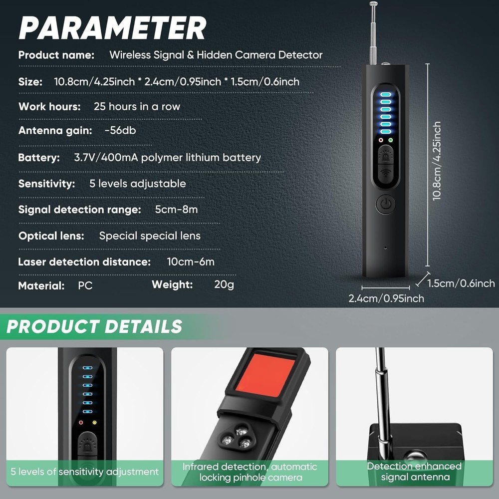 Hidden Camera Bug Detector AntiSpy Finder GPS Tracking Device Hotel Black