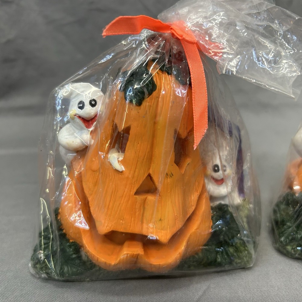 4” Jack O Lantern Tea light set Of two With Ghosts & Headstone