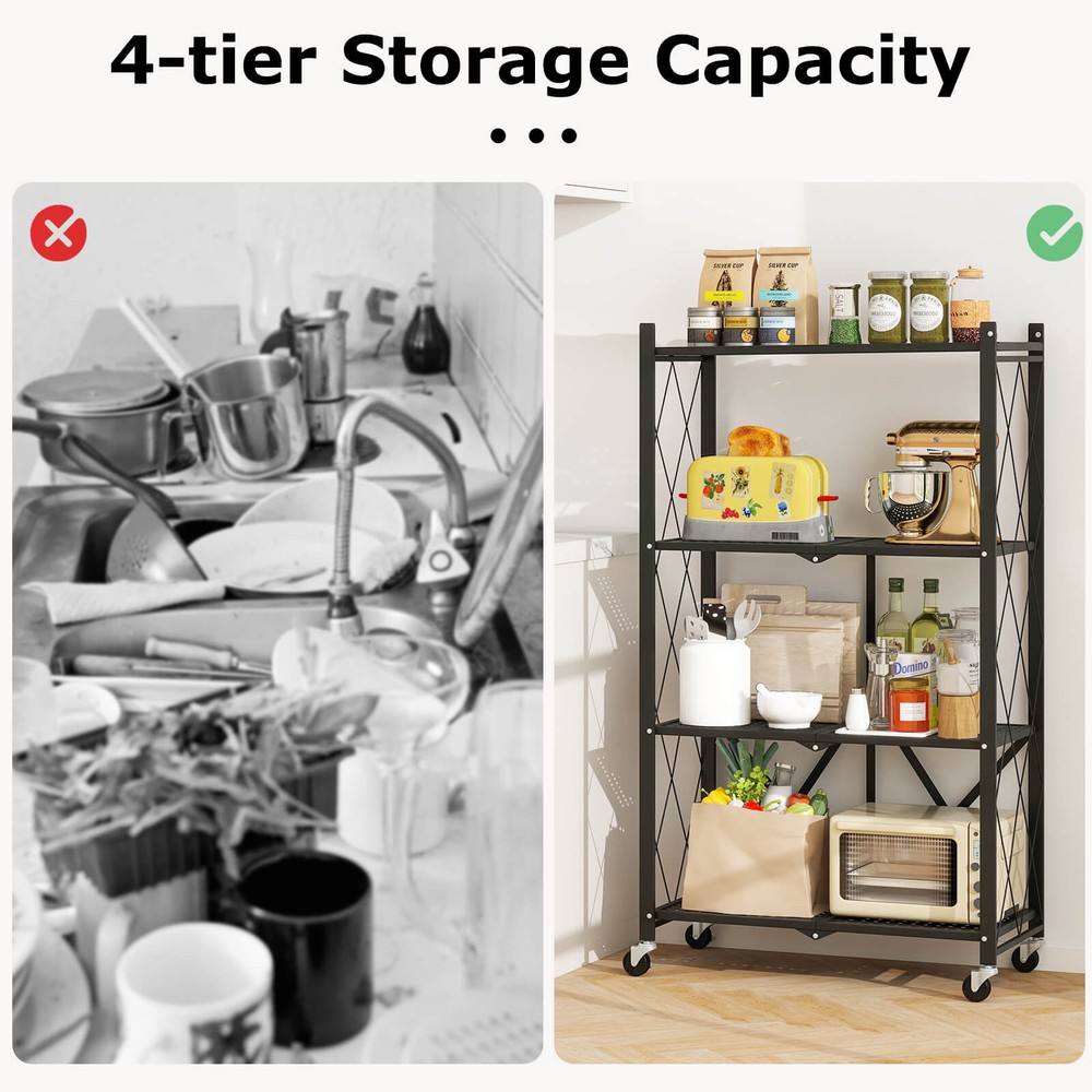 4-tier Foldable Storage Shelving Unit w/4 Universal Wheels for Kitchen Study