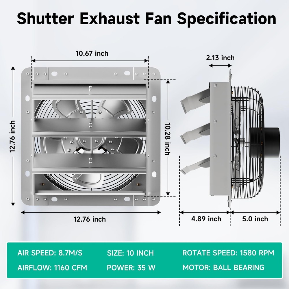 10Inch Shutter Exhaust Fan，Automatic Shutter with ON/OFF Switch, 960 CFM