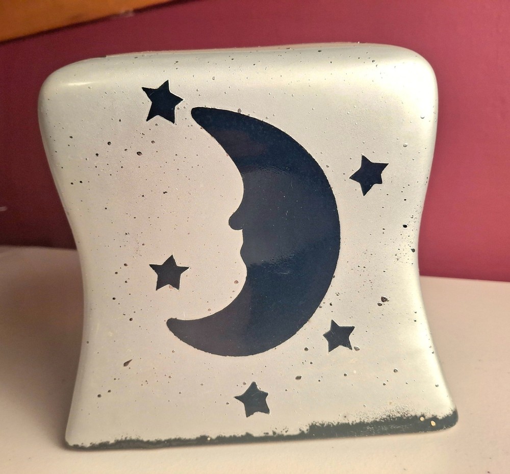 Celestial Silver Tissue Box, Moon, Sun, Stars, Heavy Ceramic