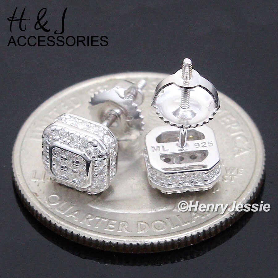 MEN SOLID 925 STERLING SILVER BLING MOISSANITE 7MM 3D SQUARE STUD EARRING*AME258