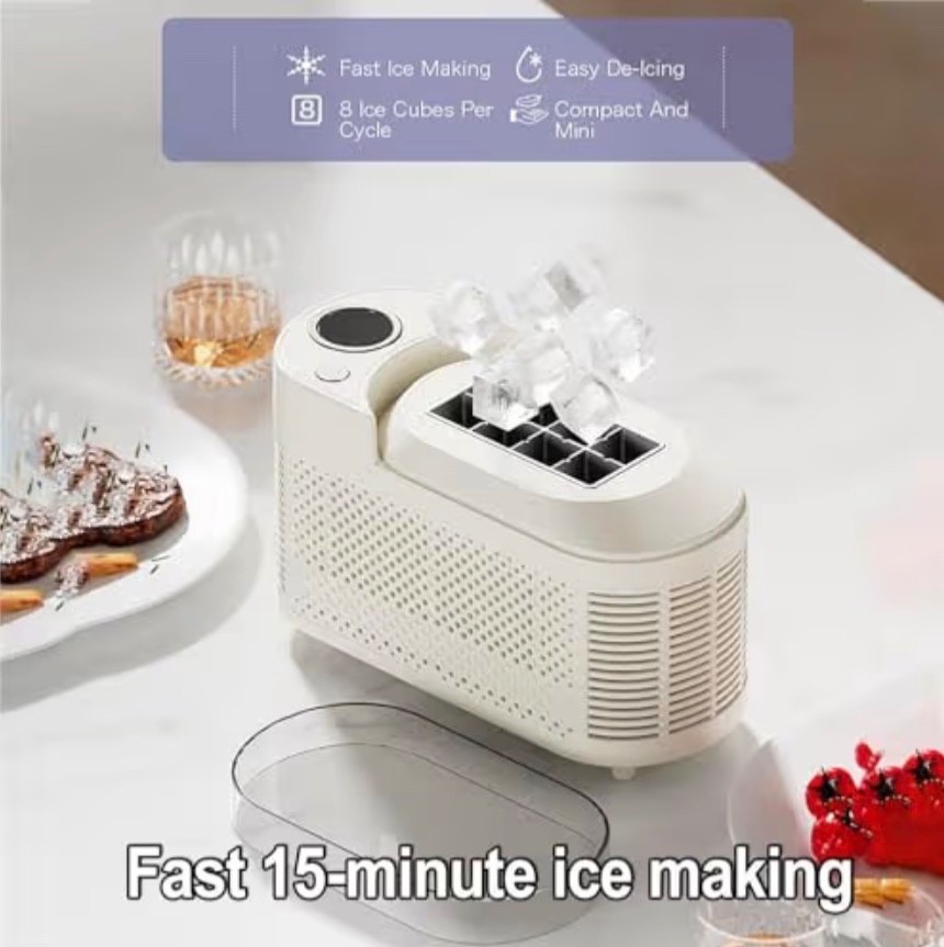 Portable Ice Maker Machine, Compact Pellet Ice Cube Maker, 8 Clear Ice Cubes in