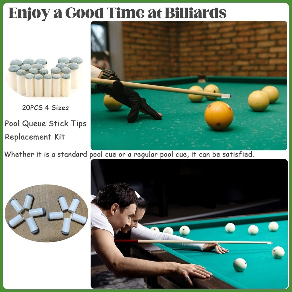 20pcs Slip On Pool Cue Tips, 4 Sizes Pool Queue Stick Tips Replacement Kit,