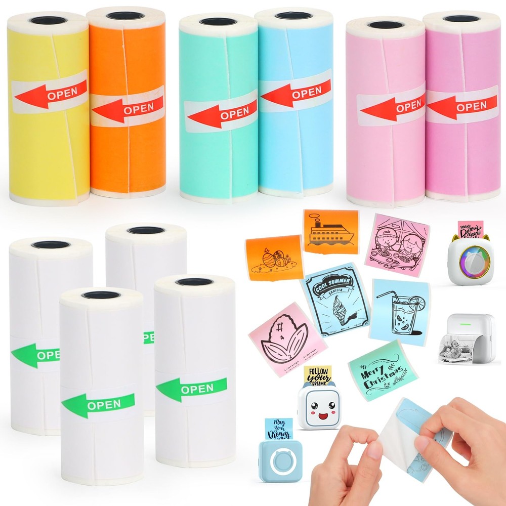 HUIJUTCHEN 10 Rolls Mini Printer Paper for 6 sticky color + 4 white