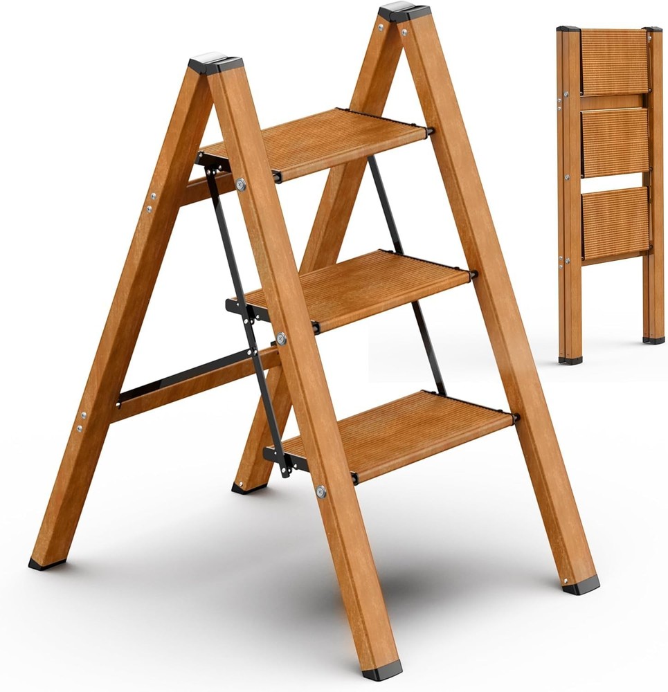 SOLADDER 3 Step Ladder, Folding Stool with Anti-Slip 3 Step, Woodgrain