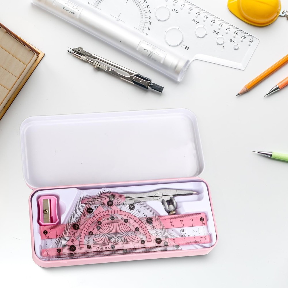 Compass Geometry Tool Protractor and Compass Set with Metal Box Drawing Compa...