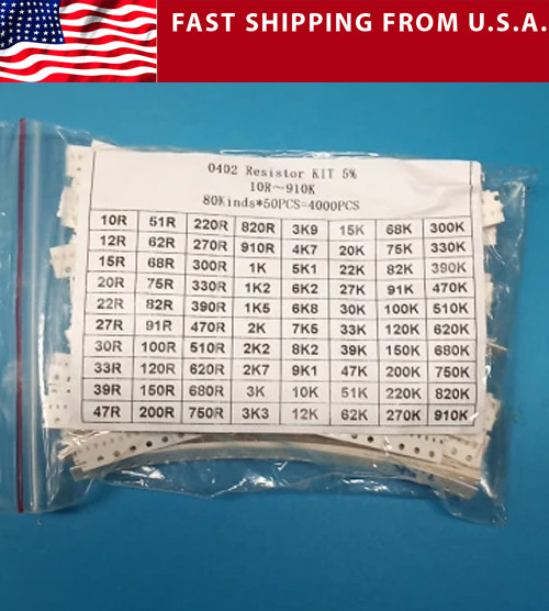 Resistor Kit SMD 0402 Assorted Values 10Ω - 910KΩ 5% 80 values X 50pcs = 4000 pc