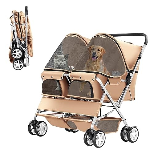 Double Pet Stroller, Foldable Stroller for 2 Dogs & Cats, Two-Seater Beige