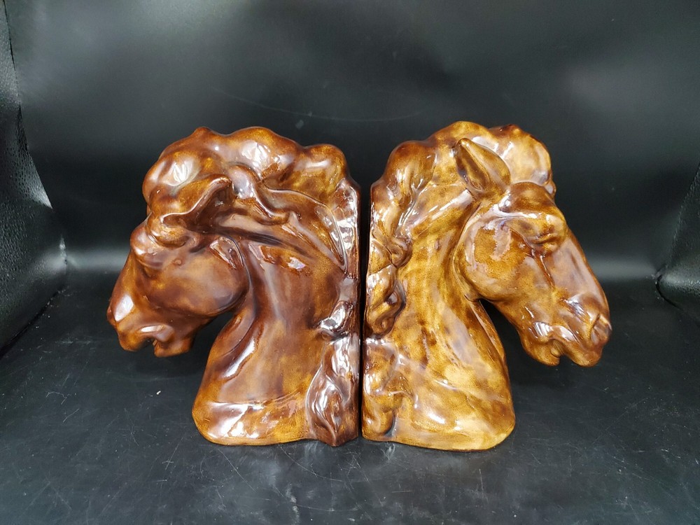 MCM Studio Pottery Horse Bookends Equestrian Lusterware Brown
