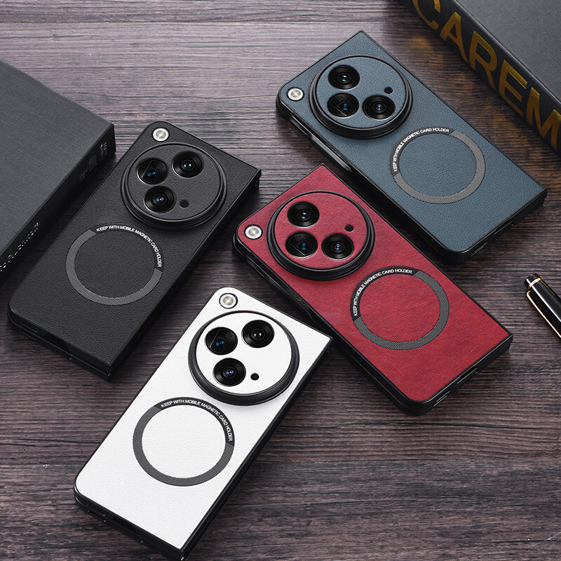 For OnePlus Open Red Thin Luxury Plain Leather Magsafe Shockproof Phone Case