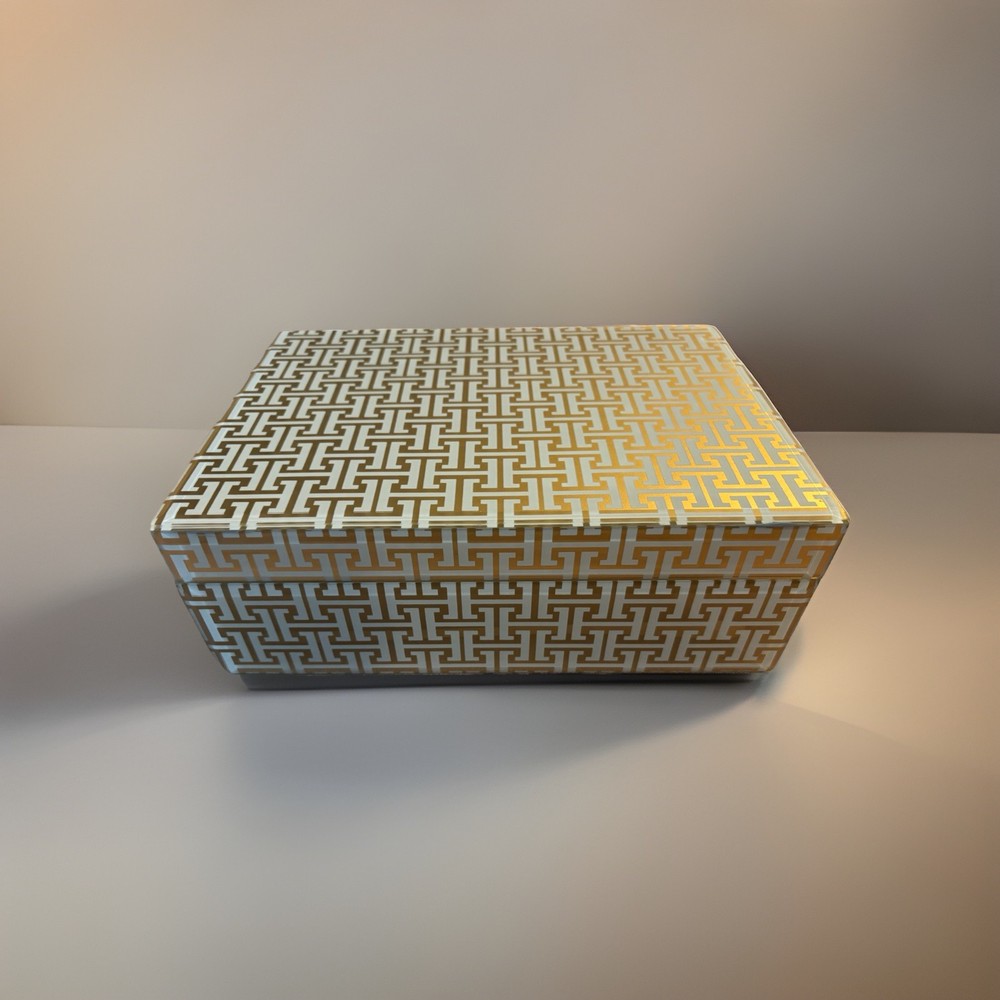 Rare Vintage Hermes - Like Geometric Pattern Rectangular Jewelry Box Gold