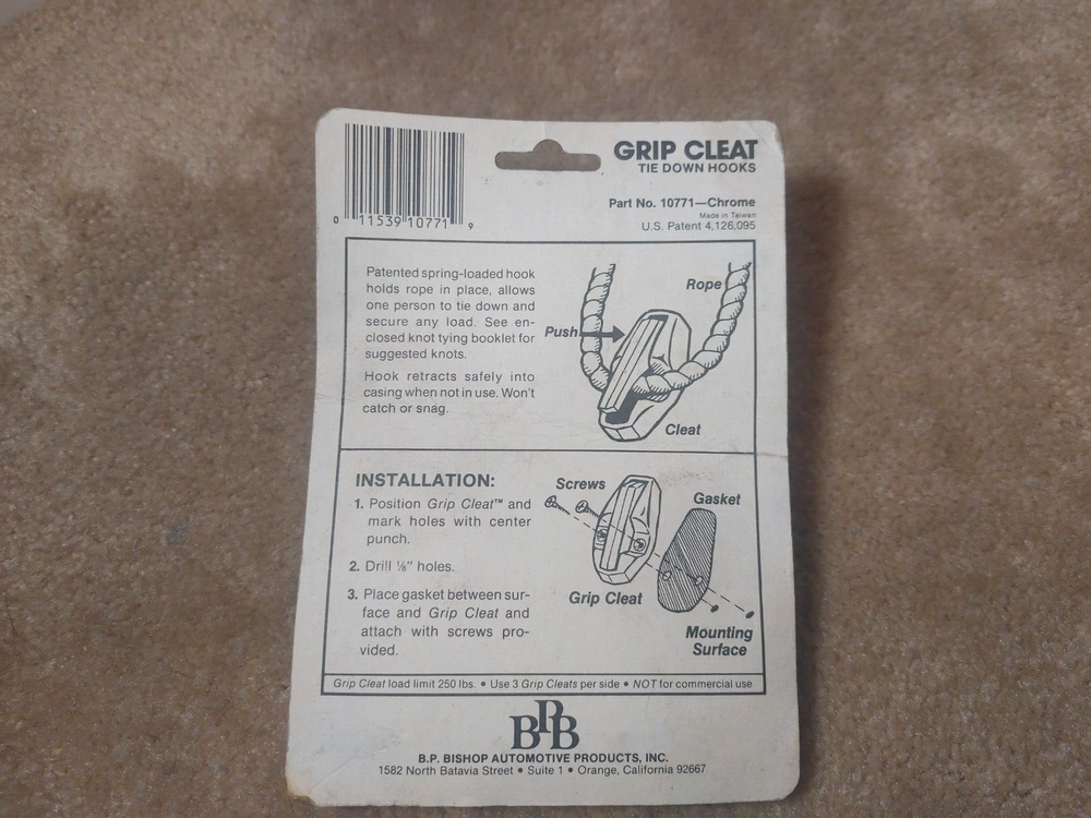 B.P. BISHOP GRIP CLEAT CAR TIE DOWN HOOKS, NEW, 10771-CHROME
