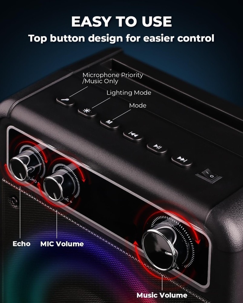 Karaoke Machine, Portable Bluetooth 2 Wireless Microphones, 5.1 Speaker Light..