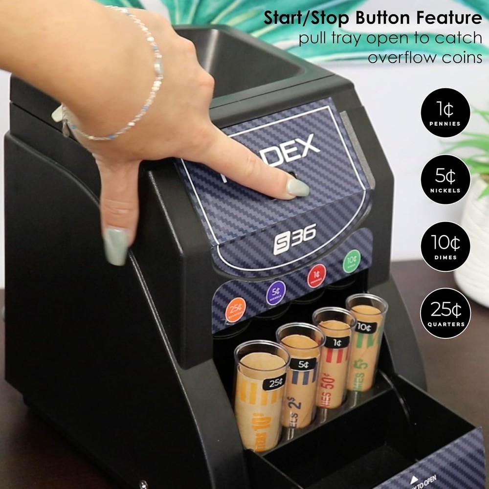 Compact 36S Automatic Coin Sorter - Fast Sorting with Overflow Tray Included
