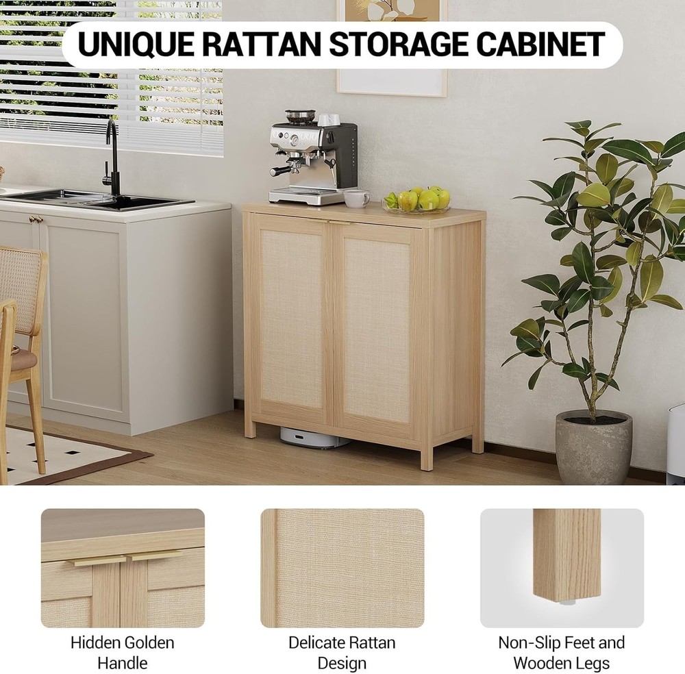 Rattan Sideboard Buffet Cabinet W/ Large Storage & Adjustable Shelves Boho