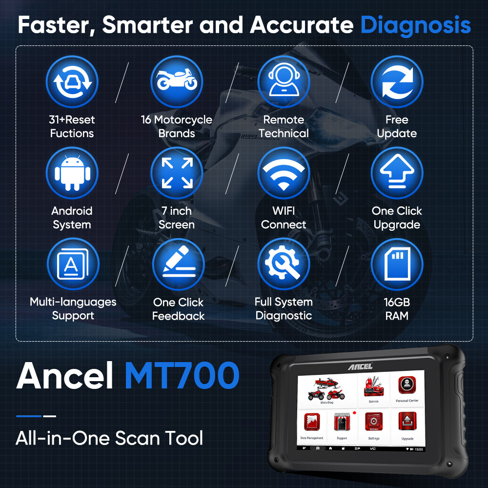ANCEL MT700 Multi-brands Motorcycle Diagnostic Tool OBD2 Scanner All Systems