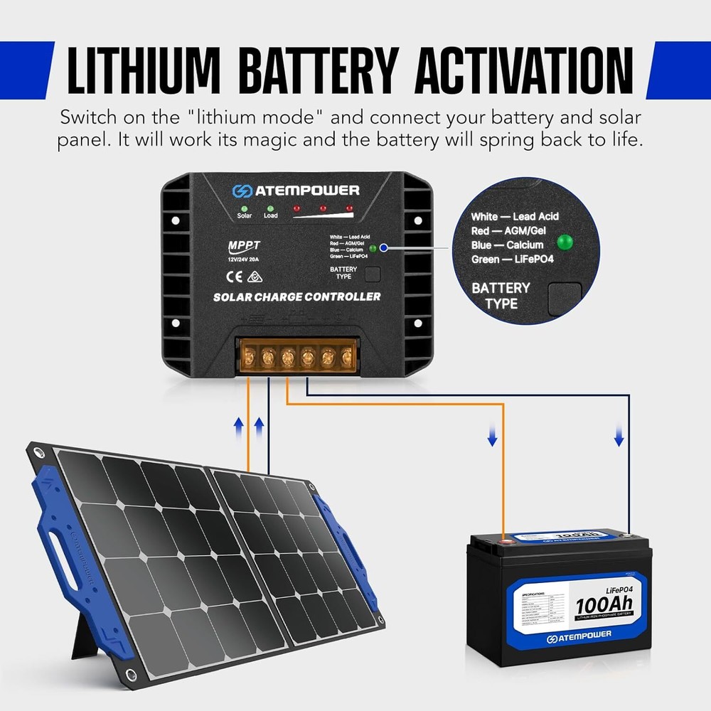 0A 12V/24V MPPT Solar Controller Selecting Battery Type Activate Lithium Battery
