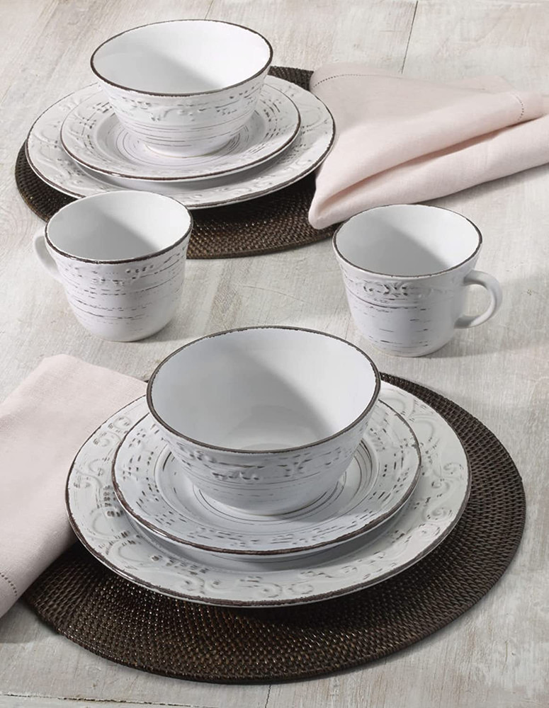 Trellis White 16-Piece Stoneware Dinnerware Set, Service for 4, Distressed White
