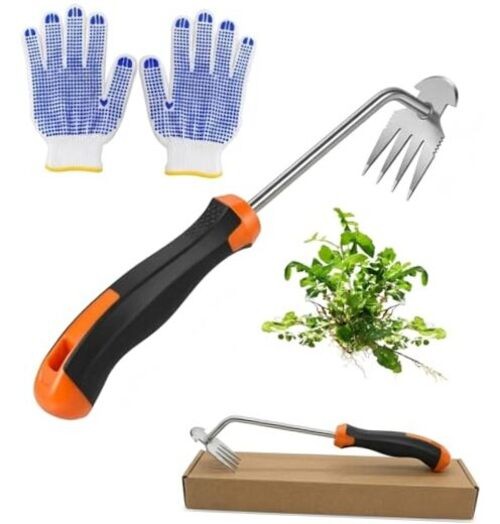 Weed Puller Tool with Thick Work Gloves, 4-Teeth Stainless Steel Hand Rubber