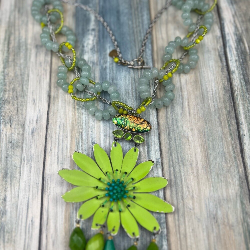 Adorned Crown Artisan Assemblage green enamel flower jade circle necklace