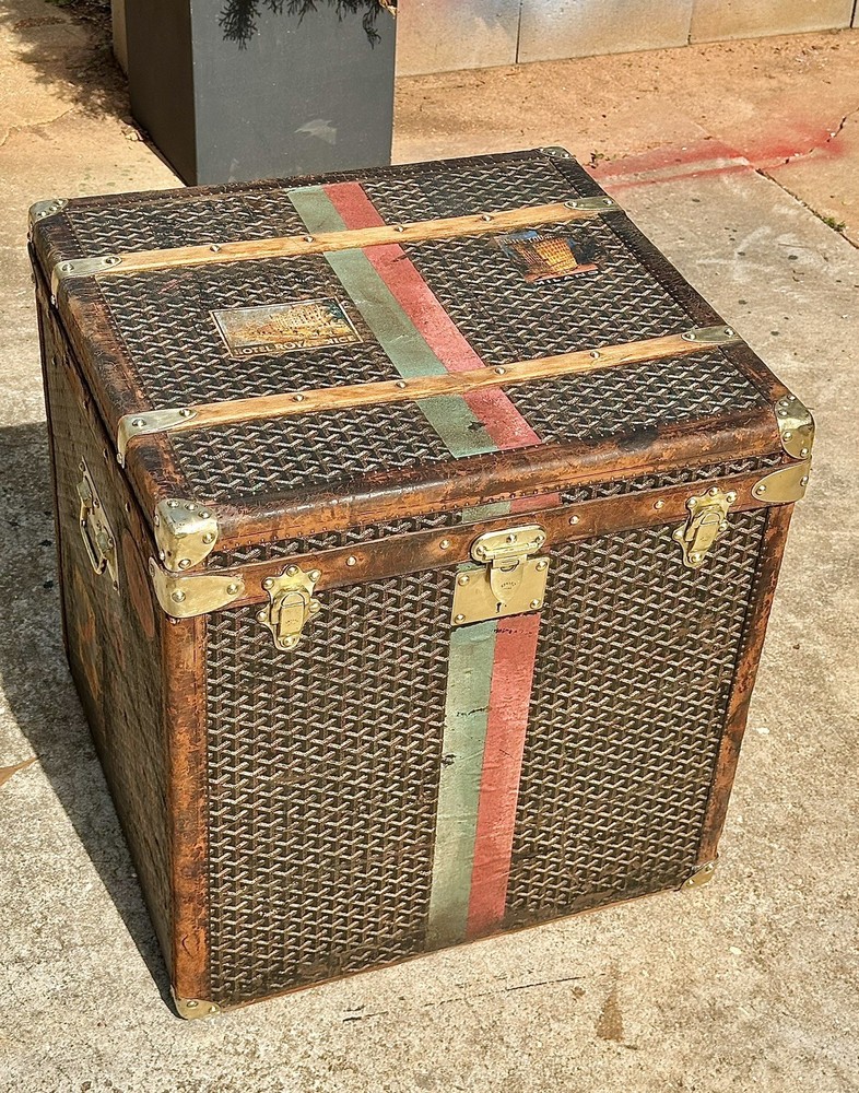 Antique Goyard Hat Cube Trunk Chevron Pattern