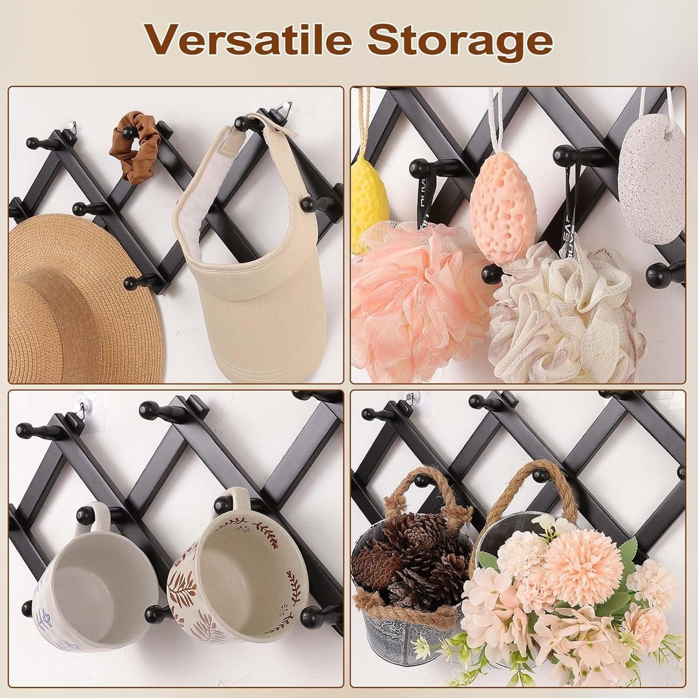 Expandable Hat Hanger Wall,10 Wall Hooks Organizer Hat Coat Cap Mug Space Saving