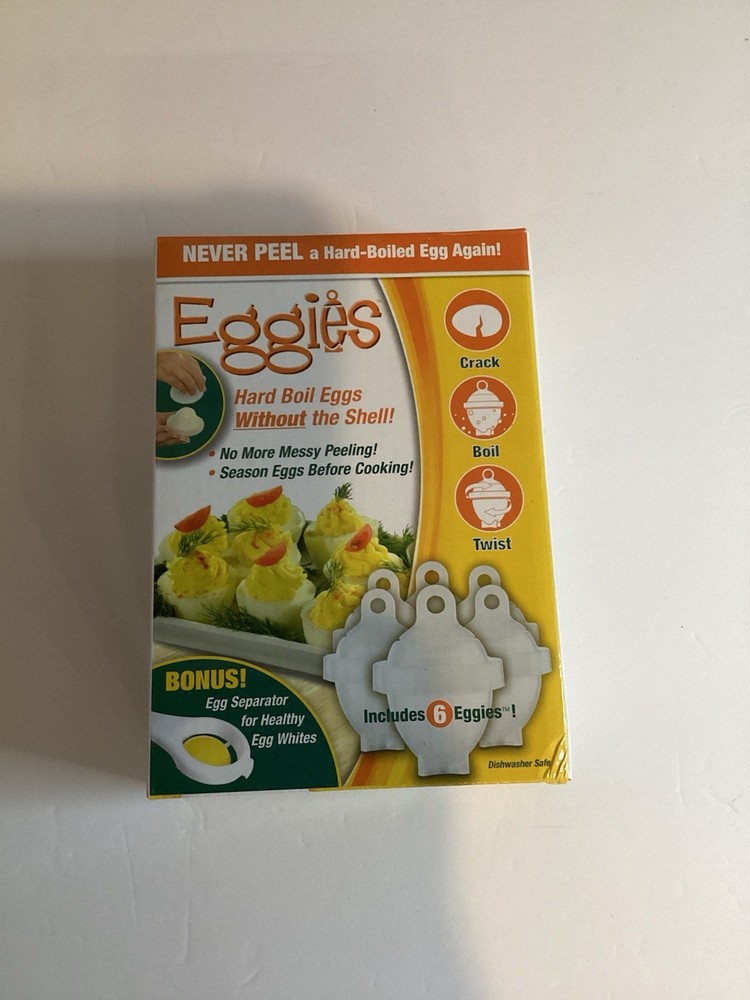 New Eggies 6 Pack Egg Cooker-hard Boiled Eggs Without Shell W/Eg White Separator