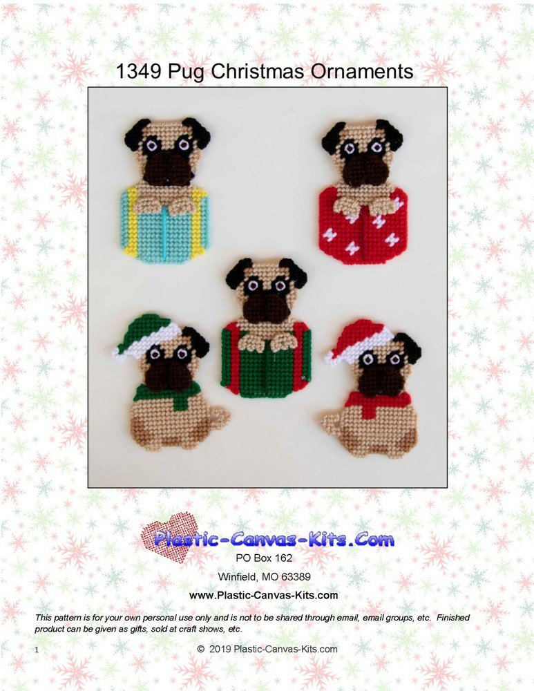 Pug Dog Christmas Ornaments-Plastic Canvas Pattern or Kit