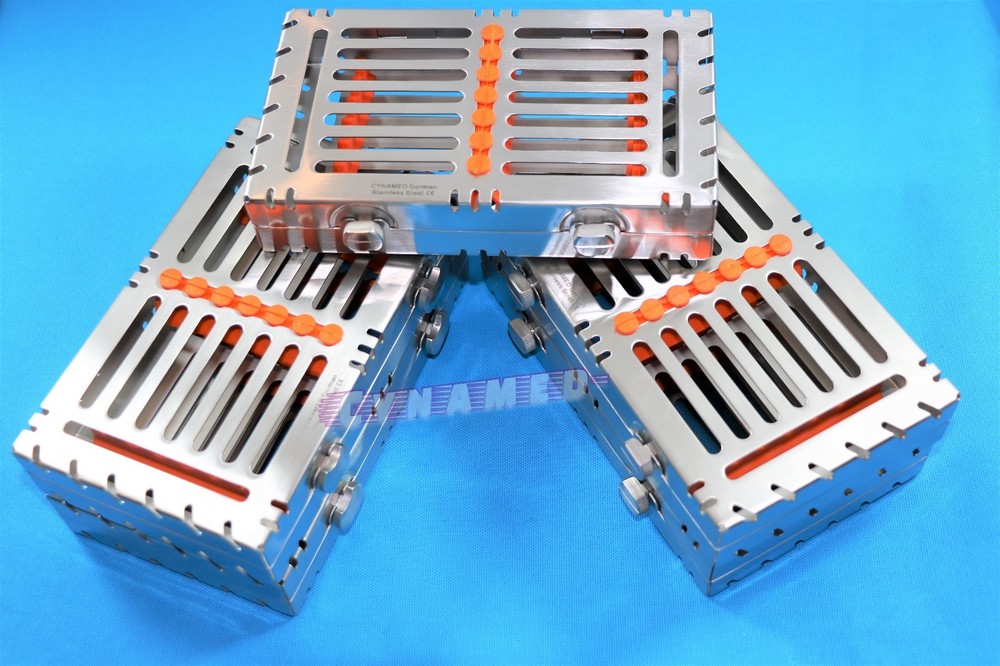 5EA GERMAN DETACHABLE STERILIZATION TRAYS WITH DOUBLE BUTTON FOR 7 INSTRUMENTS