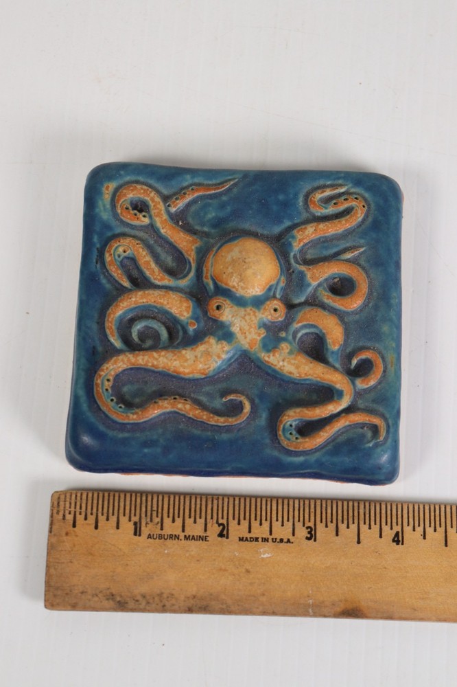 VTG Gretchen Kramp Ceramic Tile Octopus Wall Art Blue Studio Pottery (a3)