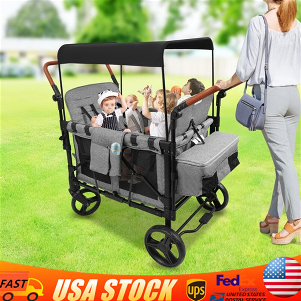 Wagon Stroller Push Pull Collapsible with Canopy for 4 Kids 0-6 Years Grey Black
