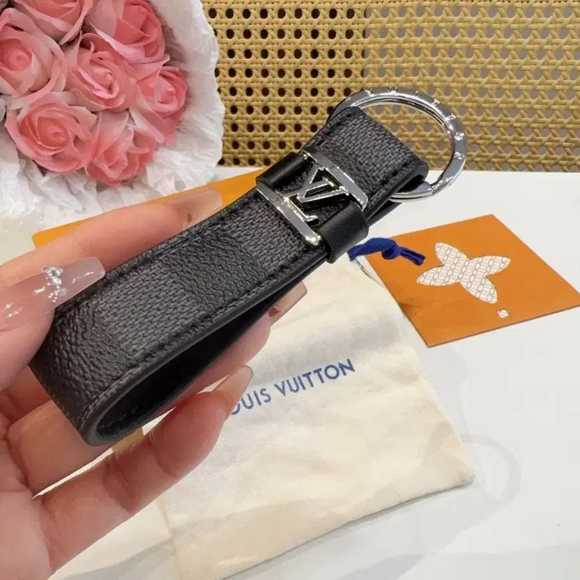 Louis Vuitton Black Leather Keyring with Silver Logo Official
