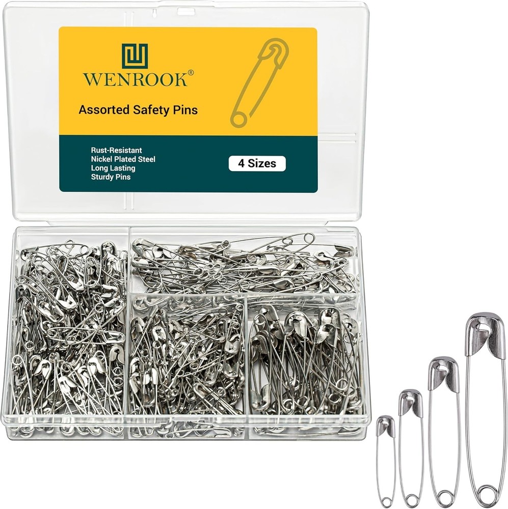300 Pack Safety Pins Assorted, 4 Sizes, Silver, Steel