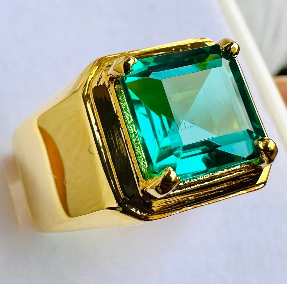 Men's Emerald Ring Solitaire Engagement Ring In 14k Solid Yellow Gold Ring