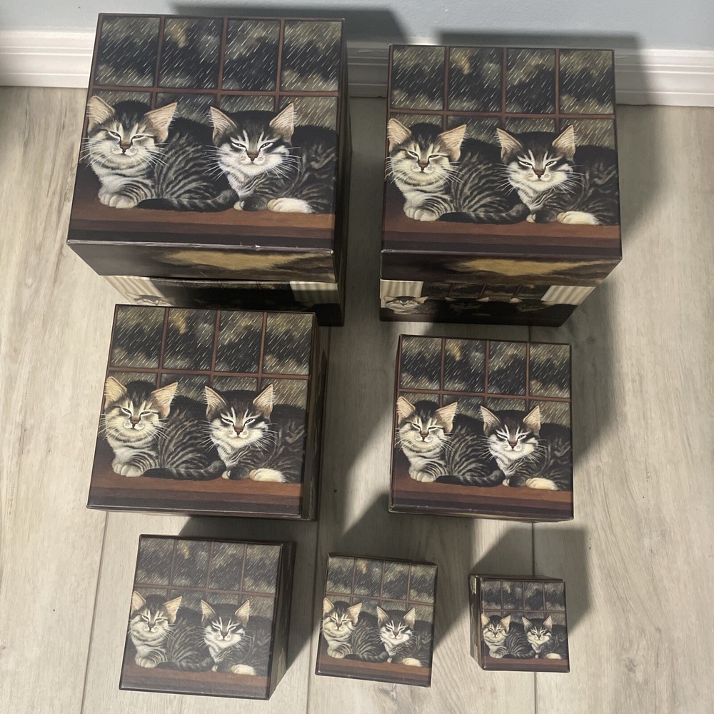 Complete Set of 7 Bobs Boxes Cat Decor Design Stackable Nesting Boxes