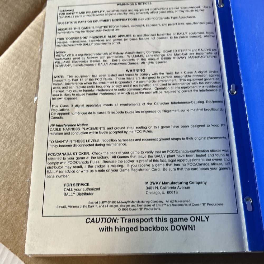 original Scared Stiff Bally pinball MACHINE manual