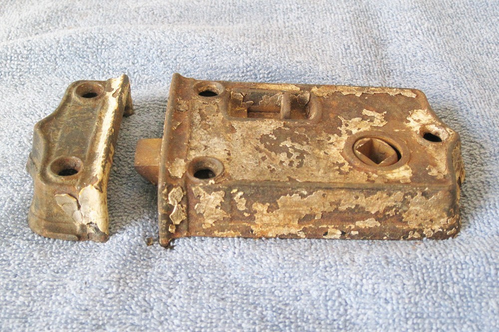 Antique Salvage Rim Surface Door Lock + Keeper Chippy White Paint Works